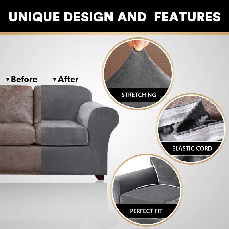 PrinceDeco Velvet Plush Couch Cover Stretch 2 Piece Chair Cover Chair Slipcover Washable Furniture Protector Couch Soft with Elastic Bottom Armchair Cover Width Up to 49 Inch(Small, Grey) - Image 3